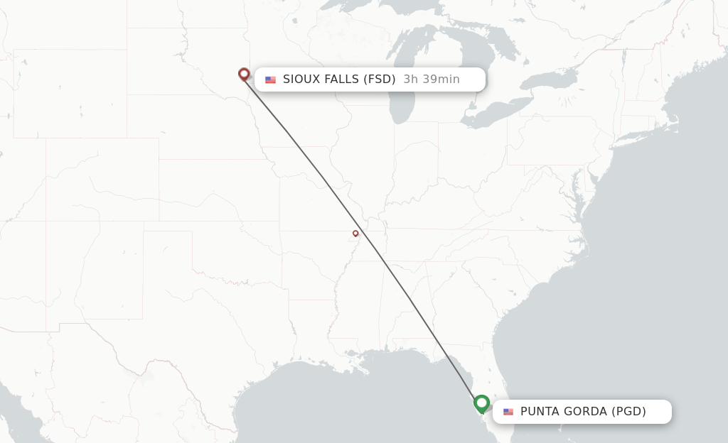 Flights from Punta Gorda to Sioux Falls route map