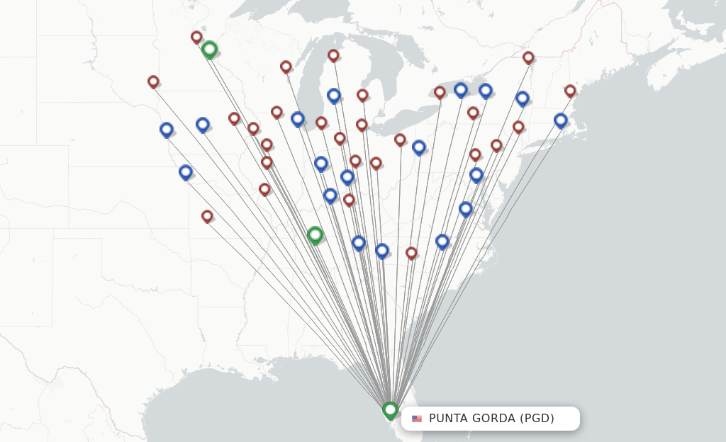 Route map with flights from Punta Gorda with Allegiant Air