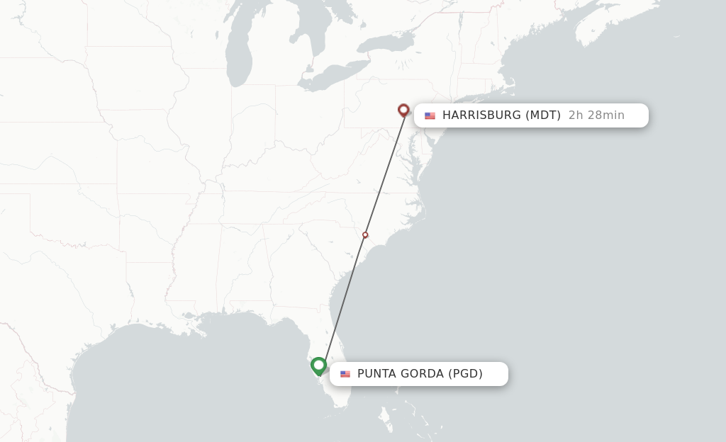 Flights from Punta Gorda to Harrisburg route map