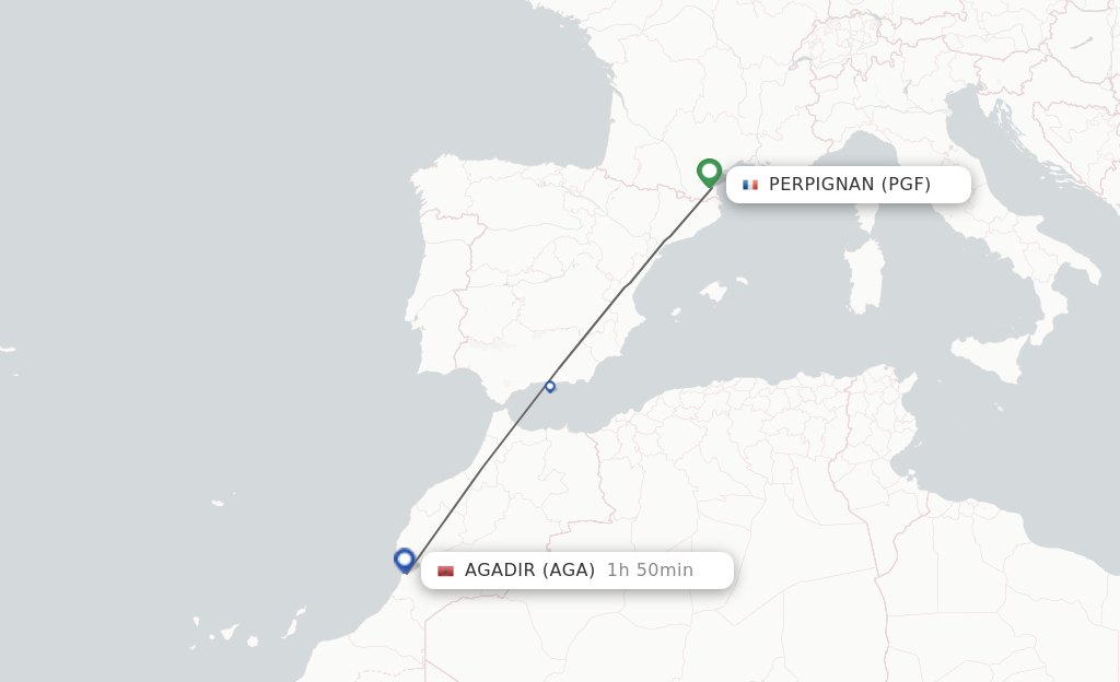 Flights from Perpignan to Agadir route map