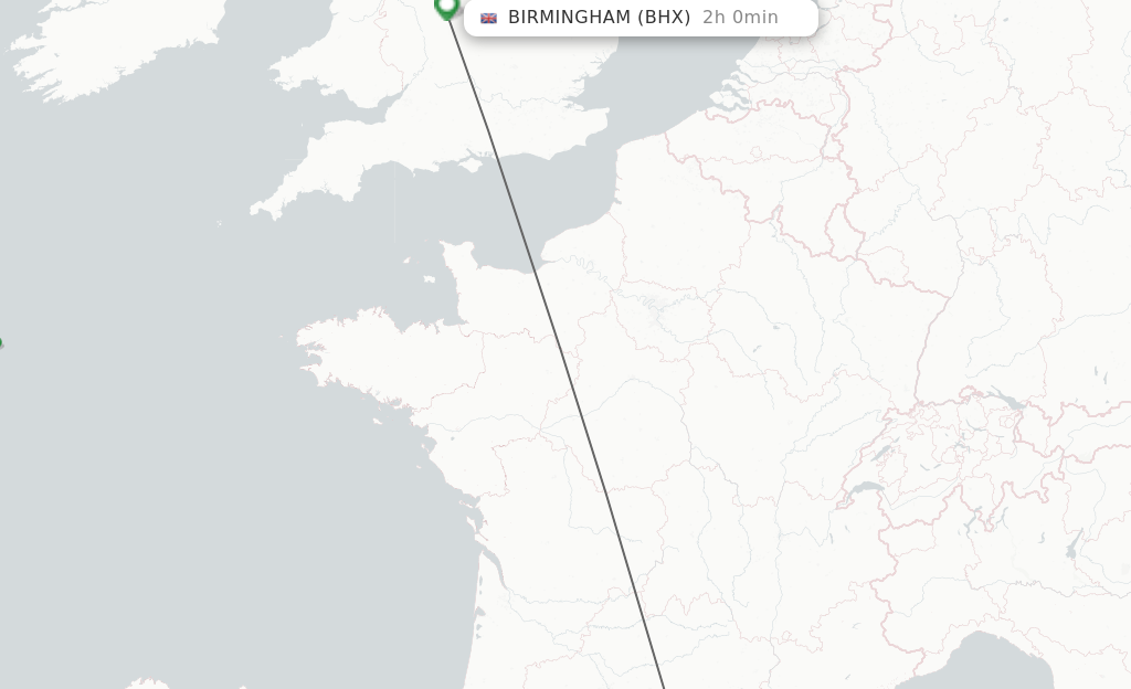 Flights from Perpignan to Birmingham route map