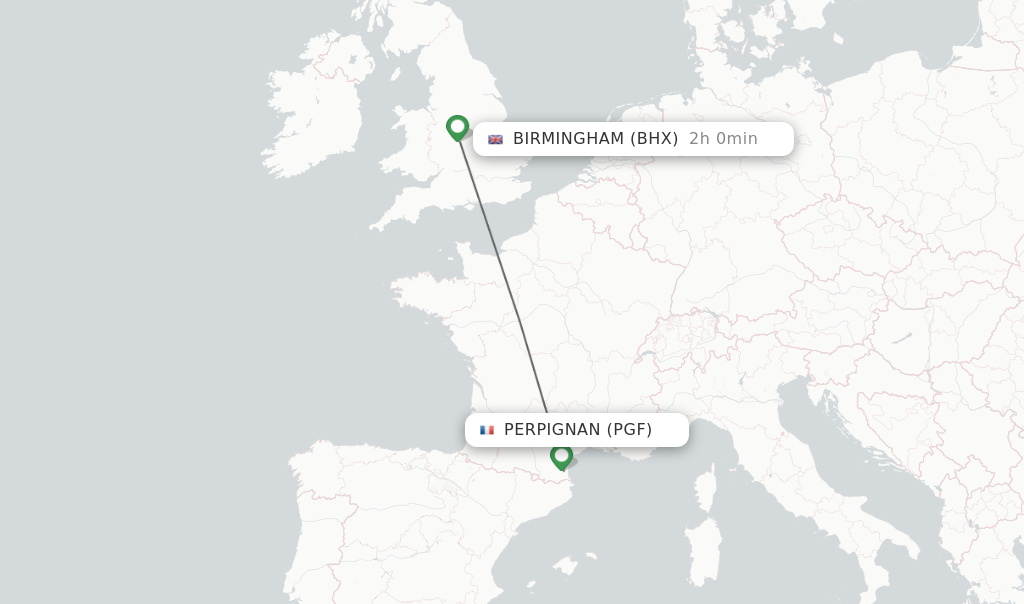 Flights from Perpignan to Birmingham route map
