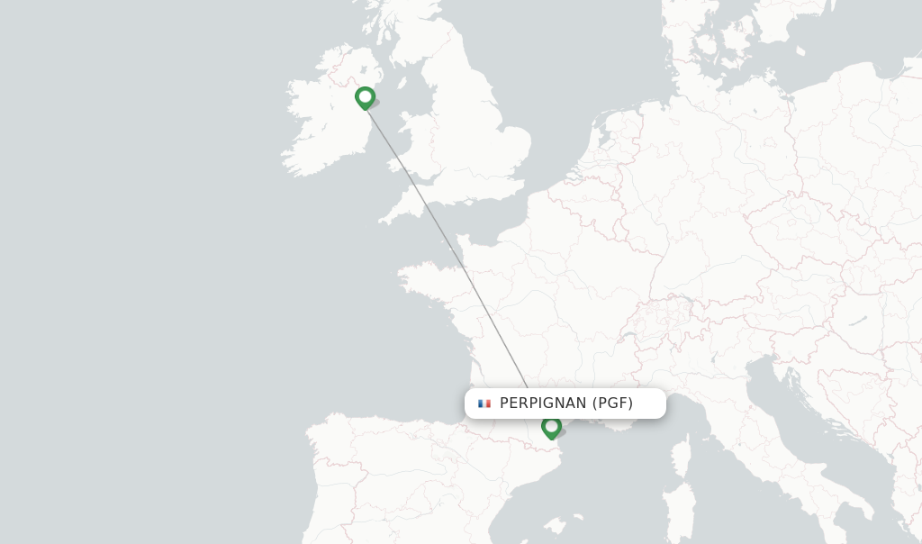 Route map with flights from Perpignan with Aer Lingus