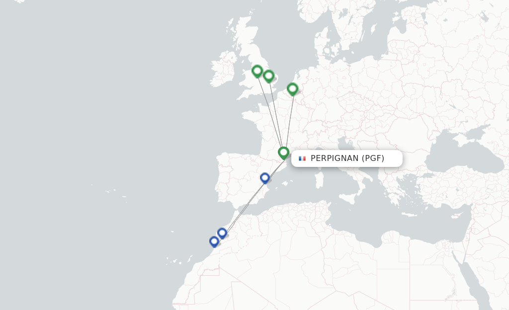 Route map with flights from Perpignan with Ryanair