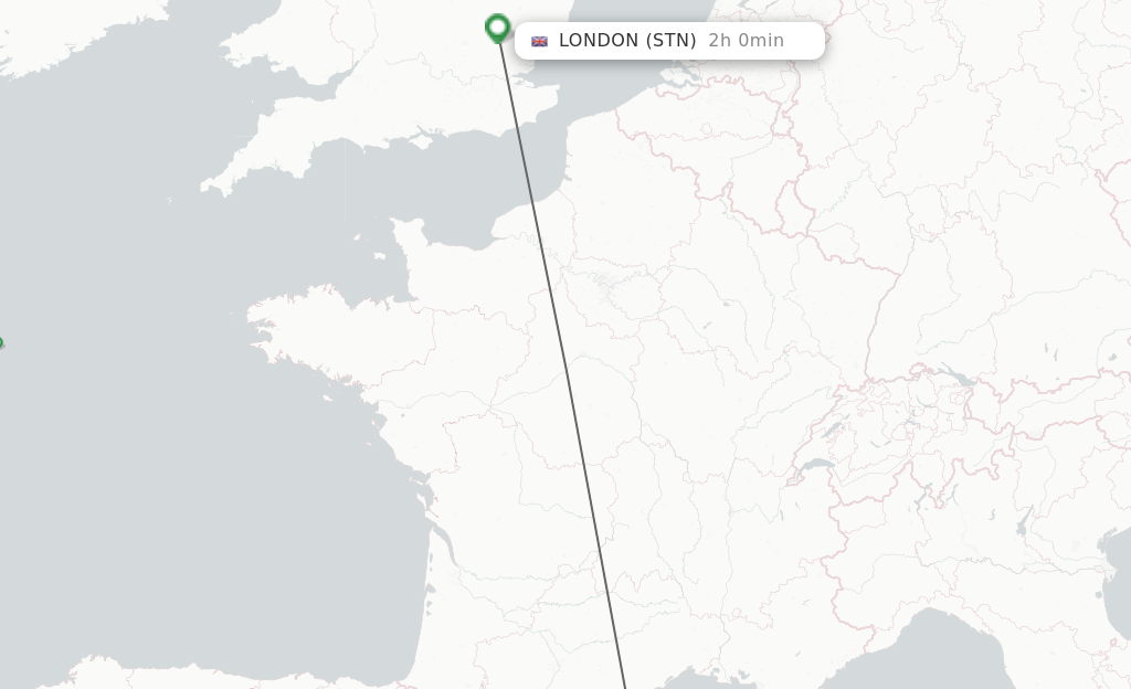 Flights from Perpignan to London route map