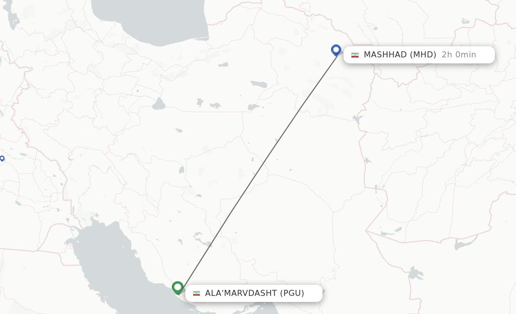 Flights from Ala'Marvdasht to Mashad route map