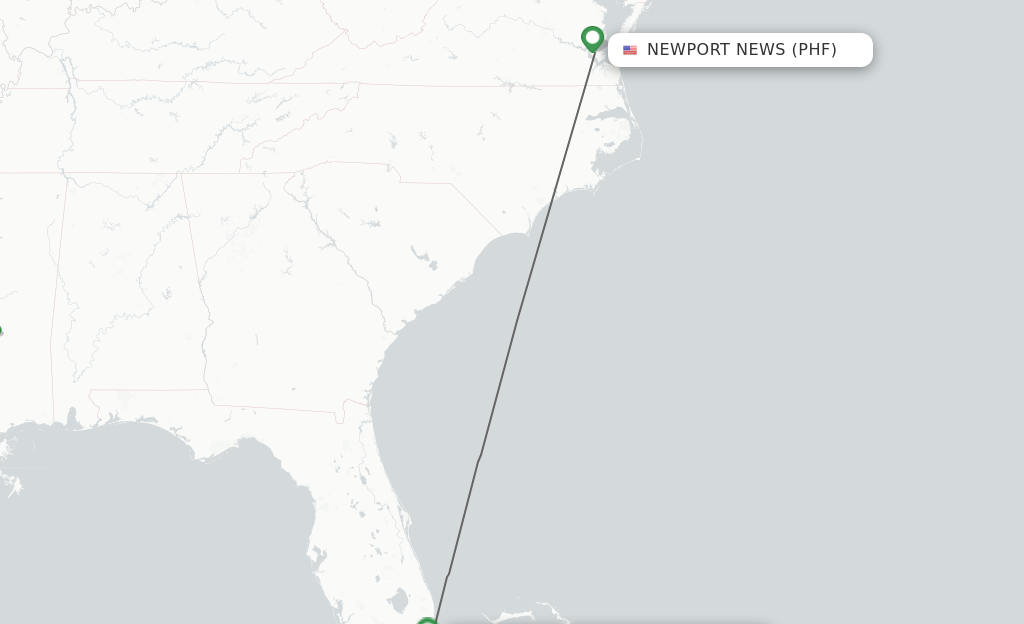 Flights from Newport News to Fort Lauderdale route map
