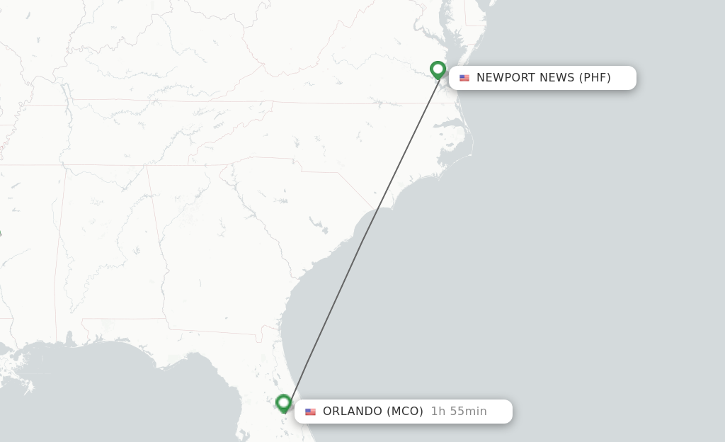 Flights from Newport News to Orlando route map