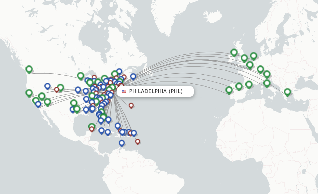 Route map with flights from Philadelphia with American Airlines