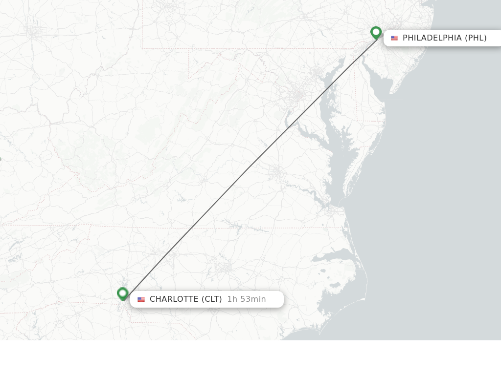Flights from Philadelphia to Charlotte route map