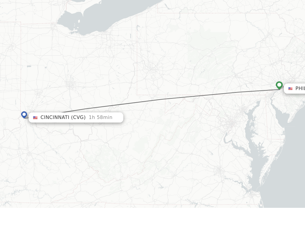 Flights from Philadelphia to Cincinnati route map