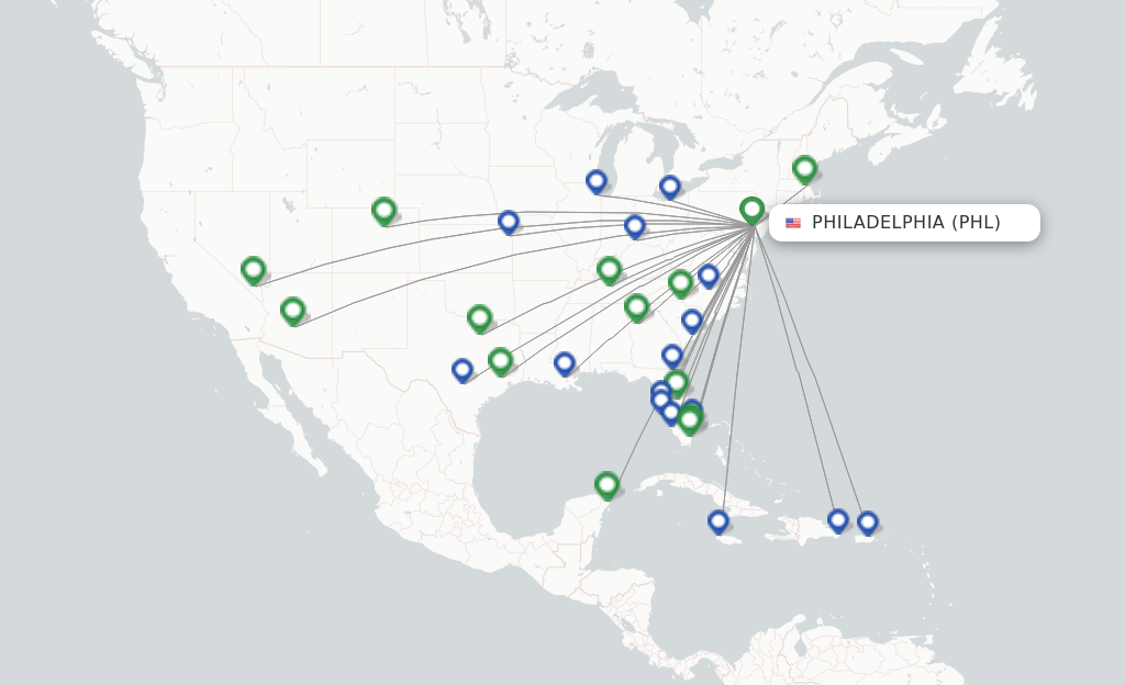 Route map with flights from Philadelphia with Frontier Airlines