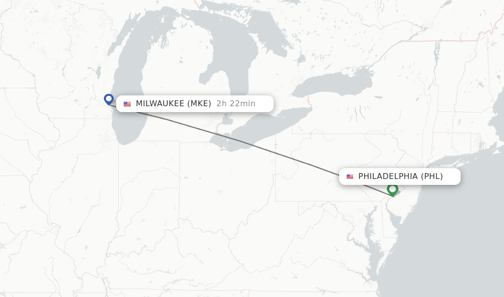 Flights from Philadelphia to Milwaukee route map