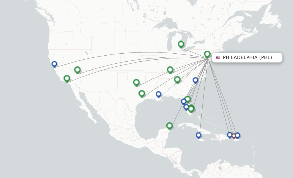 Route map with flights from Philadelphia with Spirit Airlines