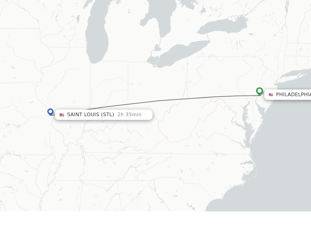 Flights from Philadelphia to Saint Louis route map
