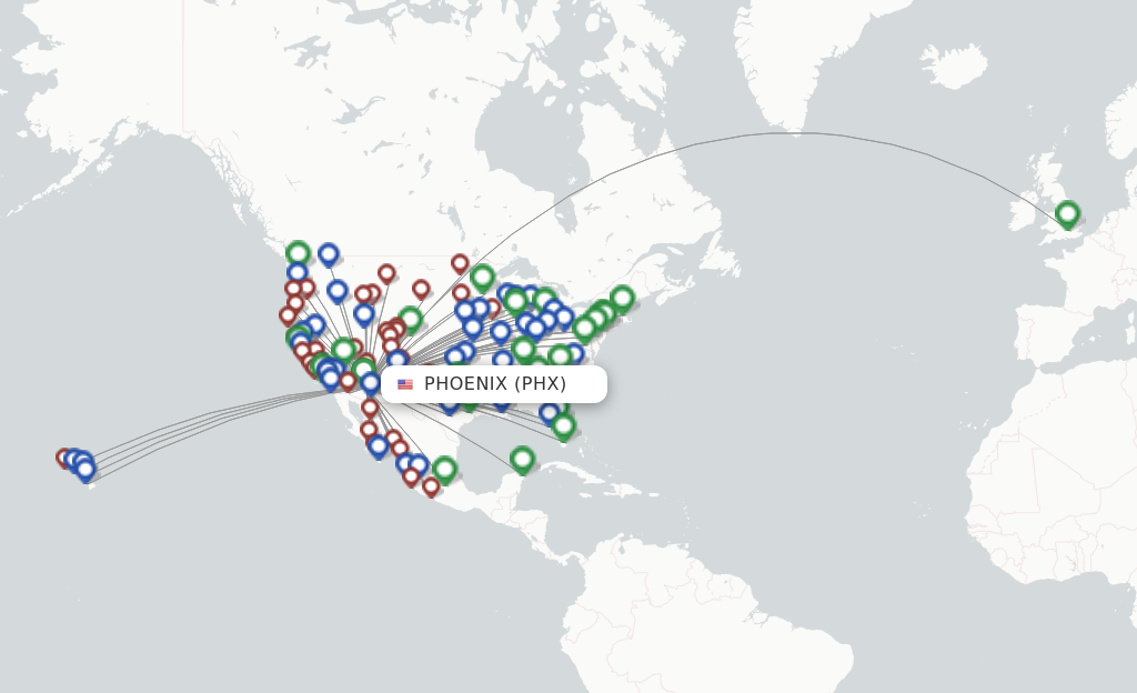 Route map with flights from Phoenix with American Airlines
