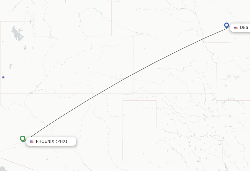 Flights from Phoenix to Des Moines route map