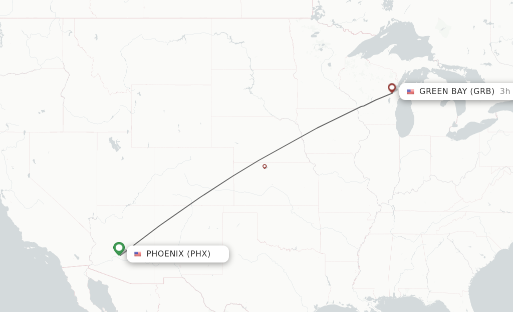 Flights from Phoenix to Green Bay route map