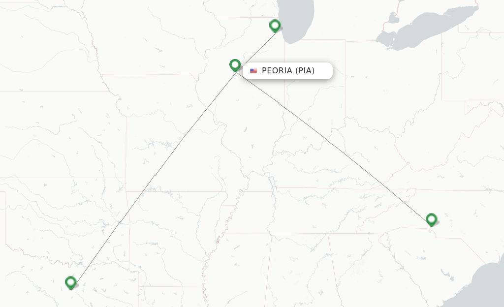 Route map with flights from Peoria with American Airlines