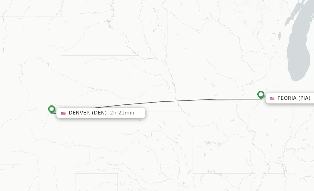 Flights from Peoria to Denver route map