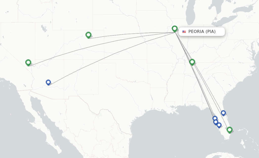 Route map with flights from Peoria with Allegiant Air