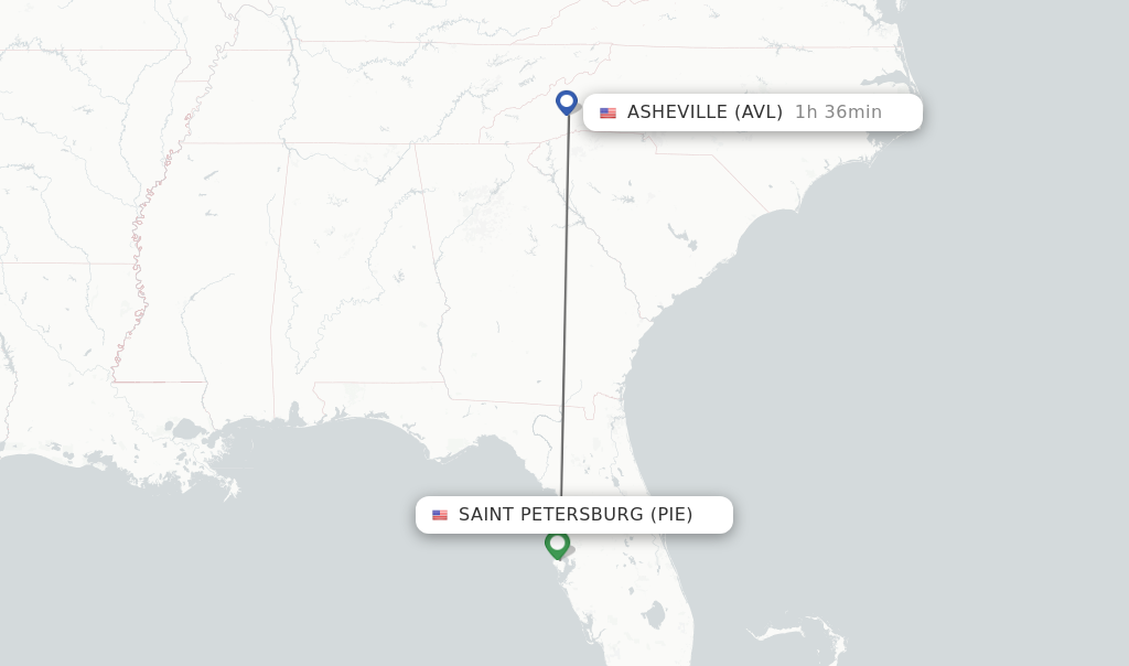 Flights from Saint Petersburg to Asheville route map