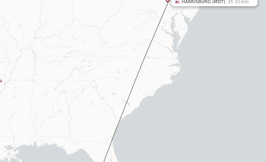 Flights from Pinellas County to Harrisburg route map