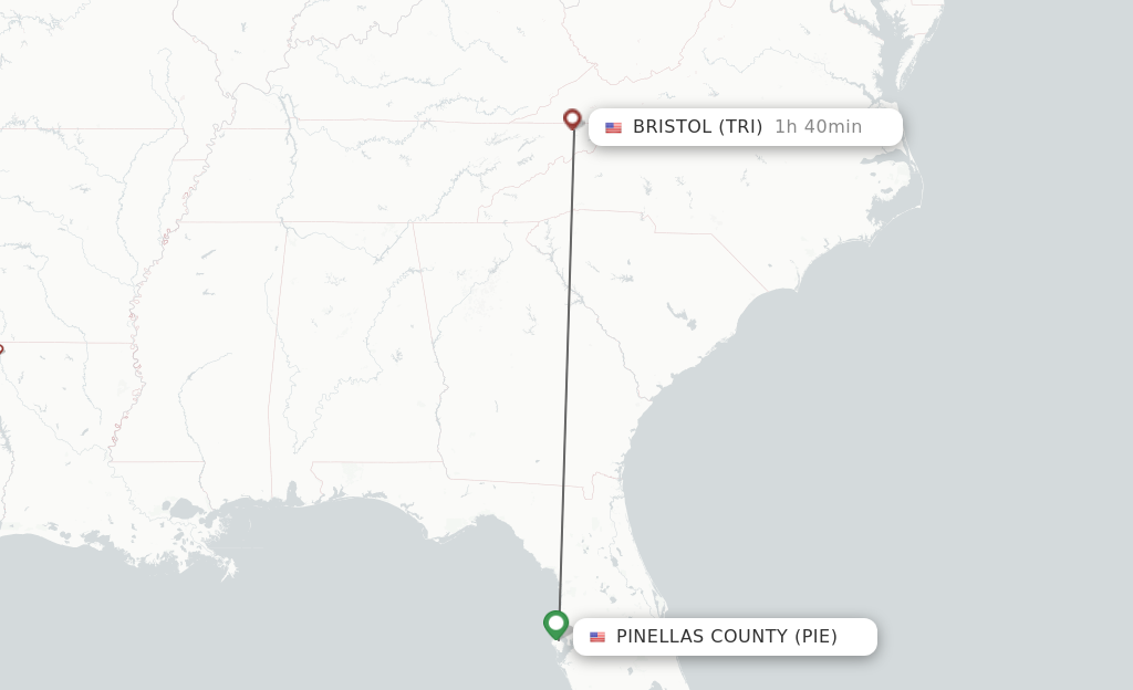 Flights from Saint Petersburg to Bristol, VA/Johnson City/Kingsport route map