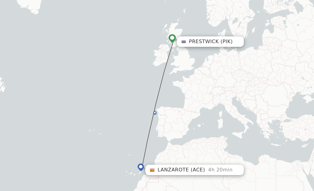 Flights from Glasgow to Lanzarote route map