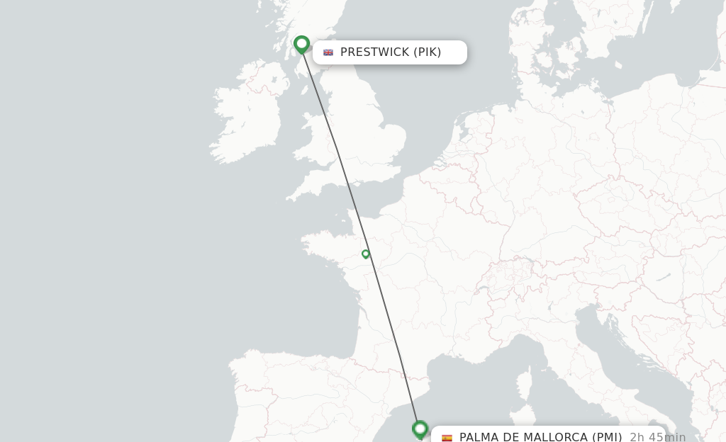 Flights from Glasgow to Palma de Mallorca route map