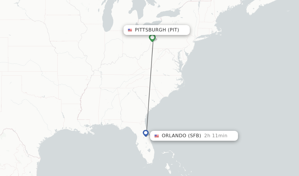 Flights from Pittsburgh to Orlando route map