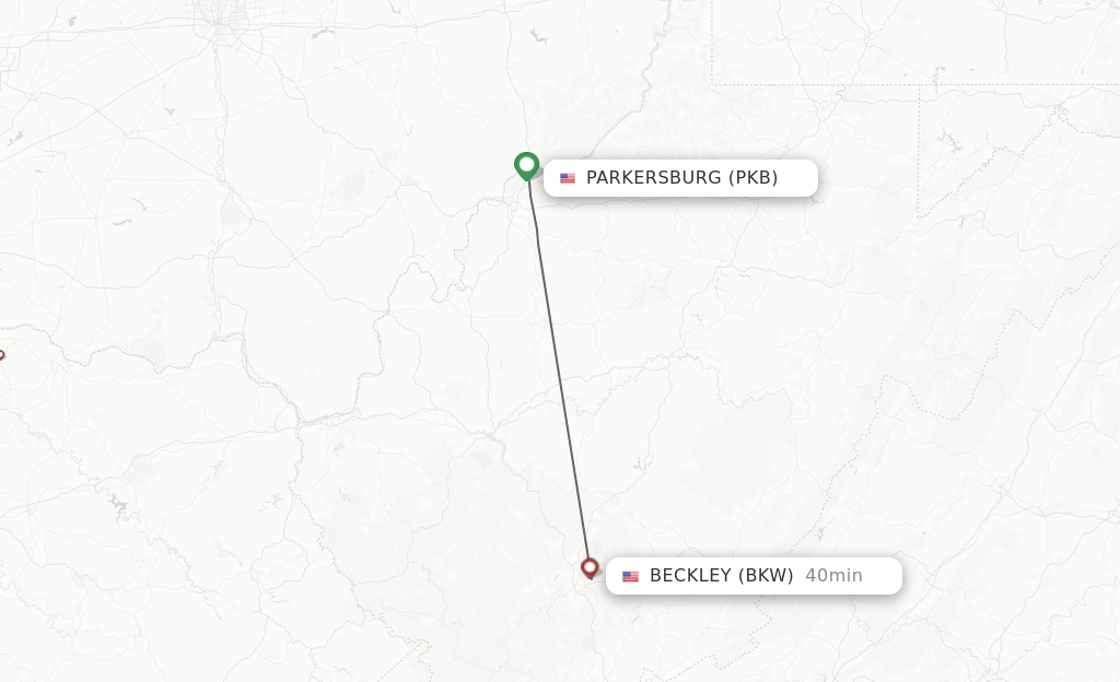 Flights from Parkersburg to Beckley route map