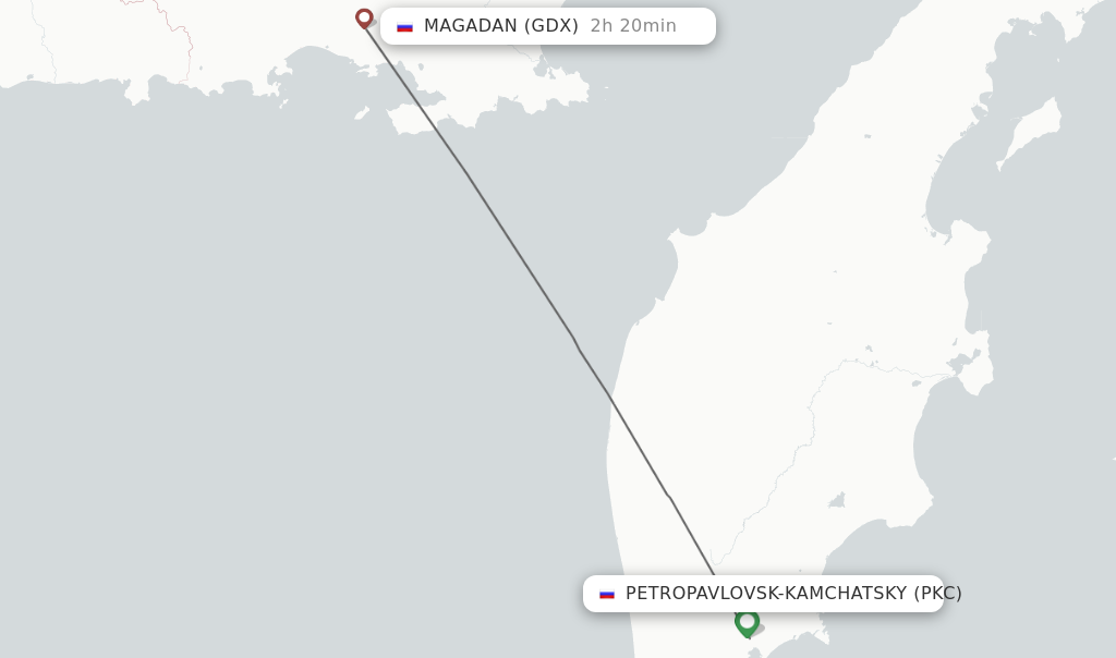 Flights from Petropavlovsk-Kamchatsky to Magadan route map