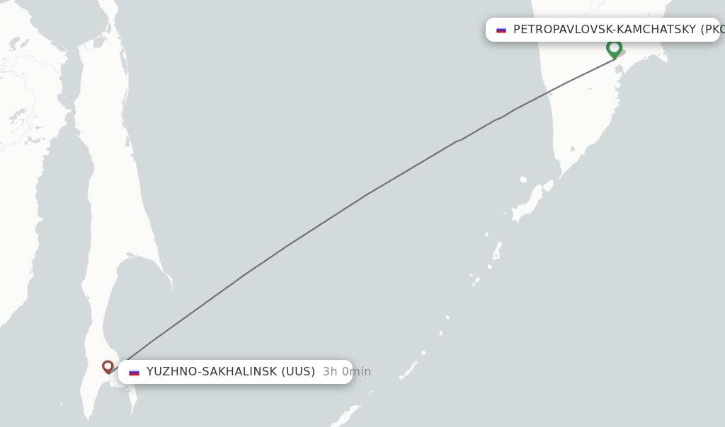 Flights from Petropavlovsk-Kamchatsky to Yuzhno-Sakhalinsk route map