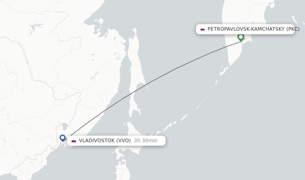 Flights from Petropavlovsk-Kamchatsky to Vladivostok route map