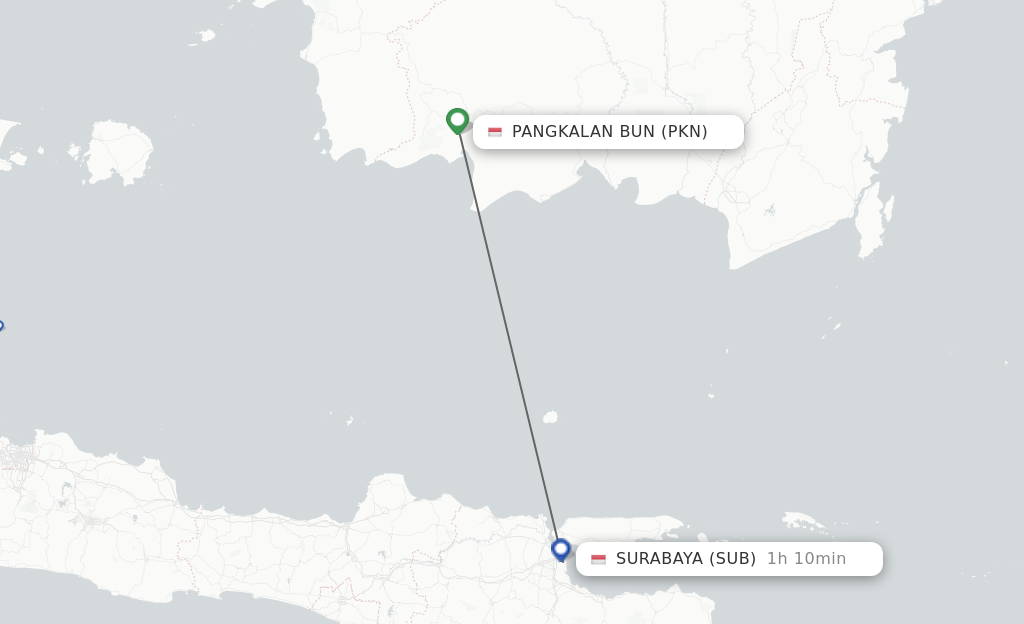 Flights from Pangkalanbun to Surabaya route map