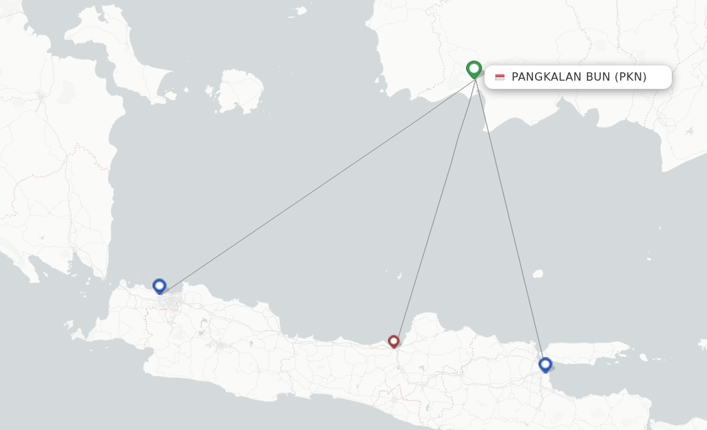 Route map with flights from Pangkalanbun with Wings Air