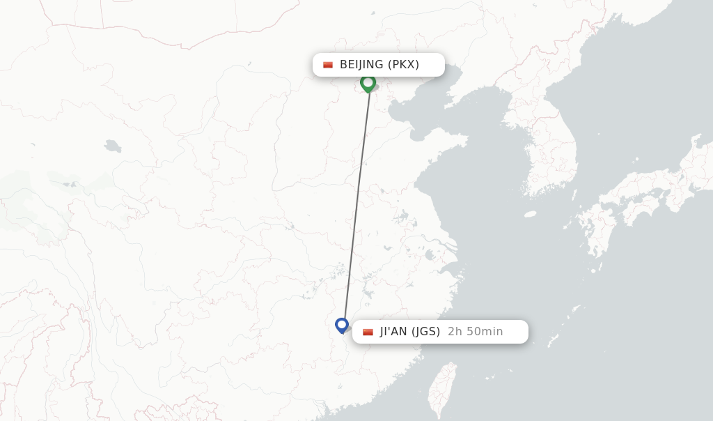 Flights from Beijing to Ji'An route map