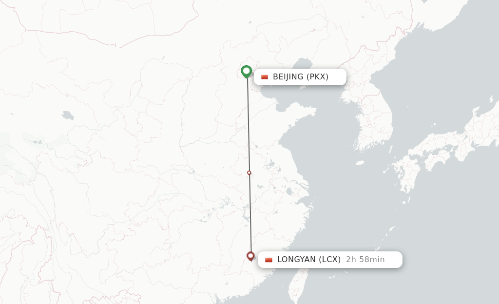 Flights from Longyan to Beijing route map