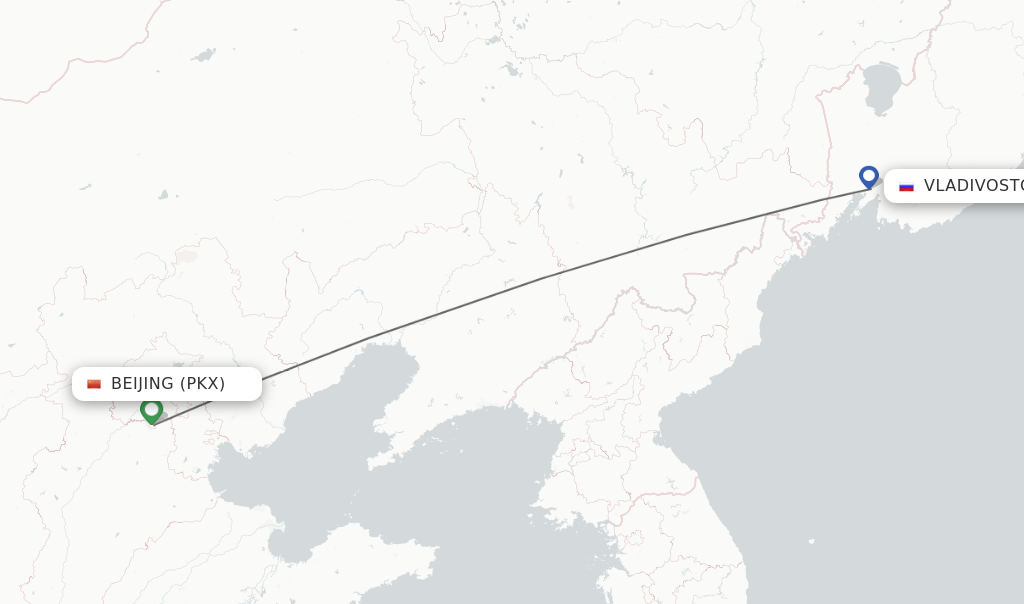 Flights from Vladivostok to Beijing route map