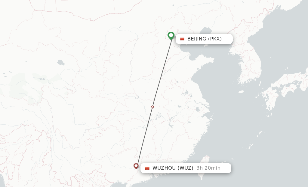 Flights from Beijing to Wuzhou route map