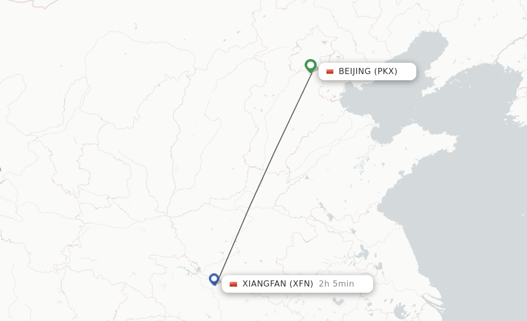 Flights from Beijing to Xiangyang route map