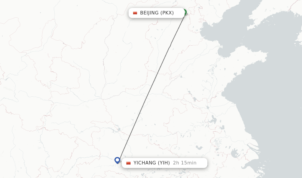 Flights from Beijing to Yichang route map