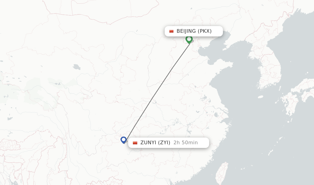 Flights from Beijing to Zunyi route map