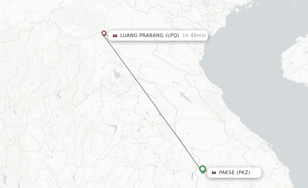 Flights from Pakse to Luang Prabang route map