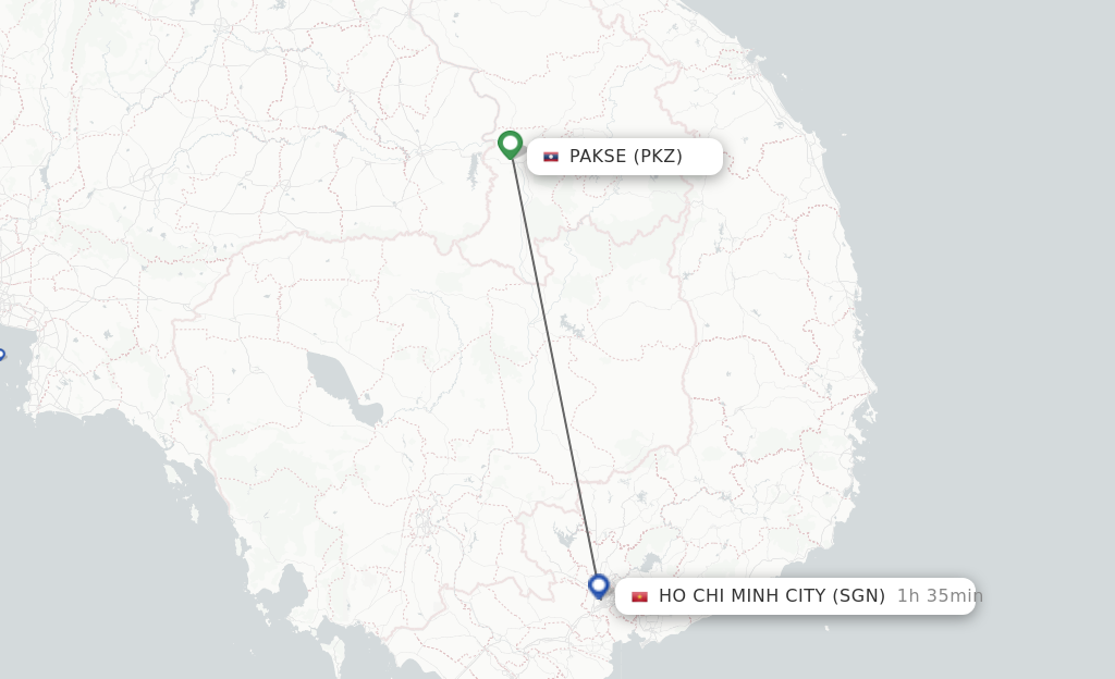 Flights from Pakse to Ho Chi Minh City route map