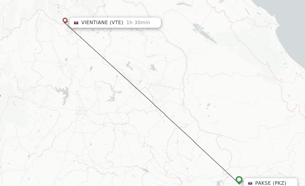 Flights from Pakse to Vientiane route map