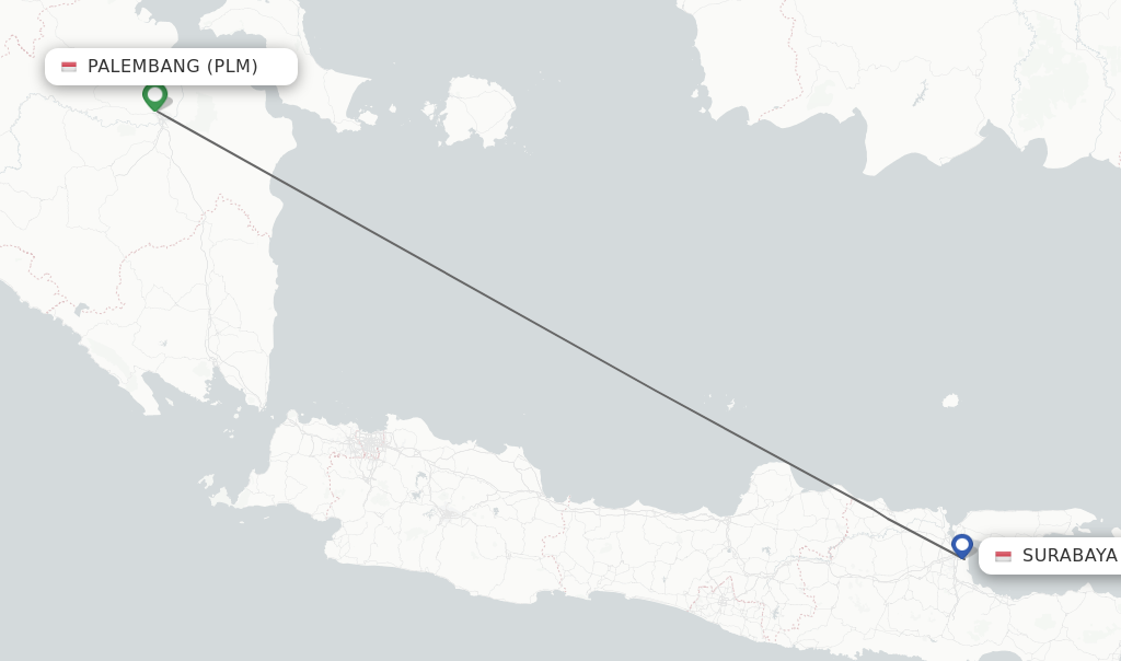 Flights from Palembang to Surabaya route map