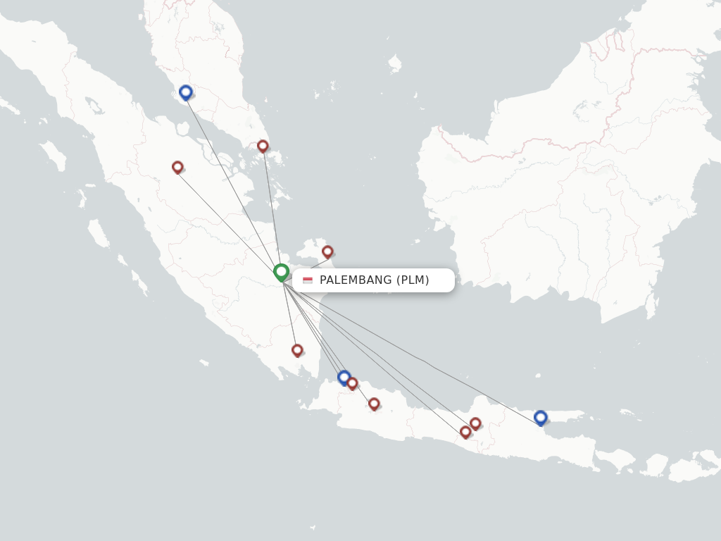 Flights from Palembang to Surabaya route map