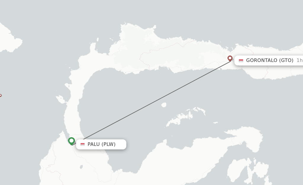 Flights from Palu to Gorontalo route map